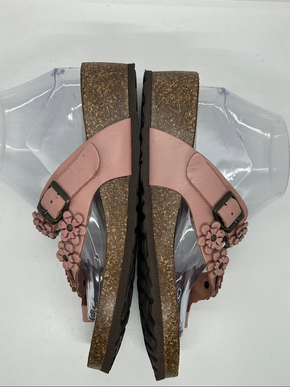 Sophia Milano Wedge Sandals Size 9 Mauve Pink Leather Flowers Slip On Toe Post - Picture 5 of 11